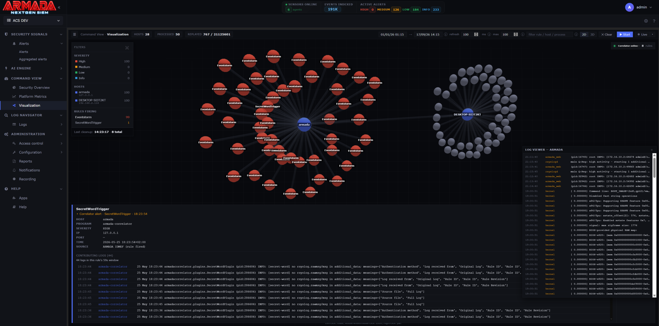 ARMADA NextGen SIEM demo interface showing event relationships, correlated alerts and investigation logs