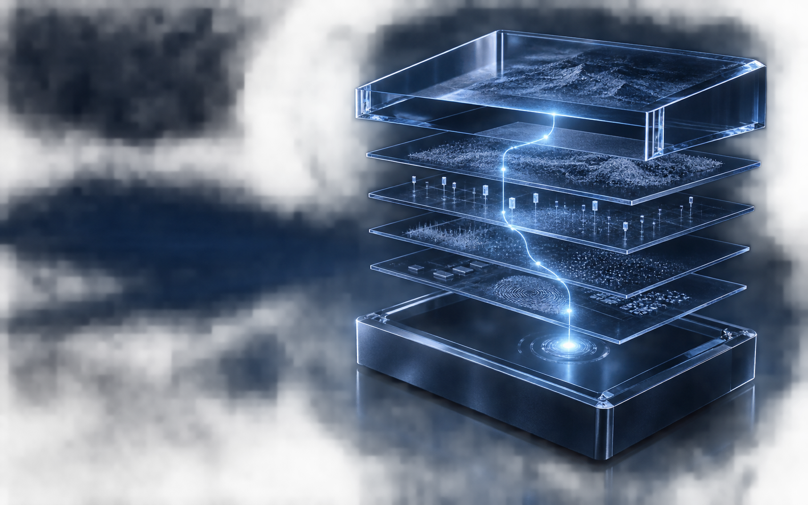 Layered digital evidence reconstruction connected by a single blue trace