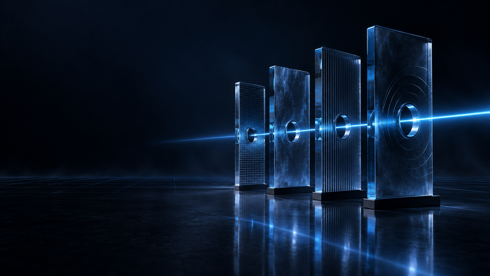Controlled blue light path travelling through layered defensive barriers